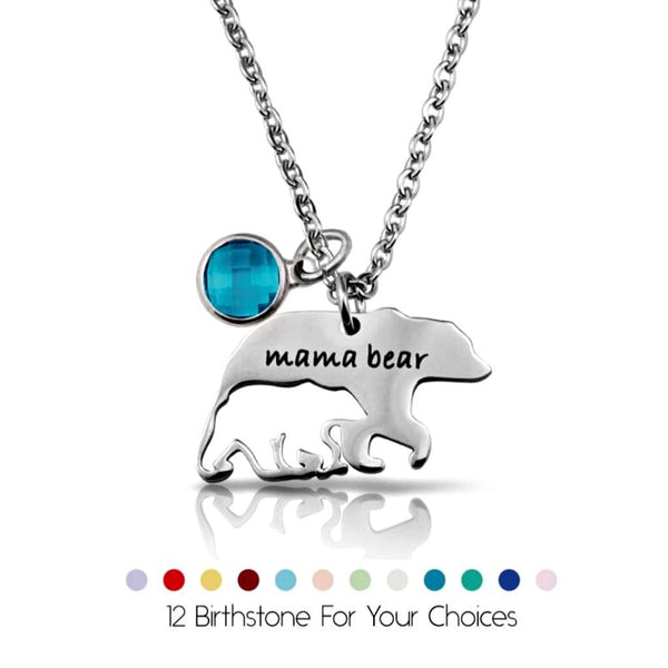 Mama Bear Necklace With Birthstone Mothers' Day Gift, Silver, Gold - OurCoordinates