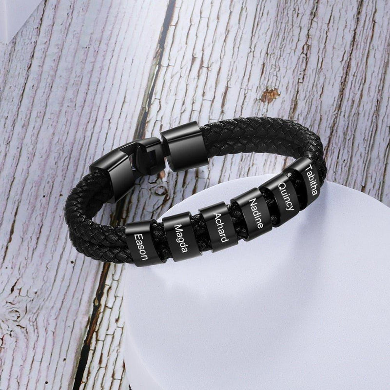 Men's Braided Leather Bracelet With Custom Beads, 7 beads - OurCoordinates