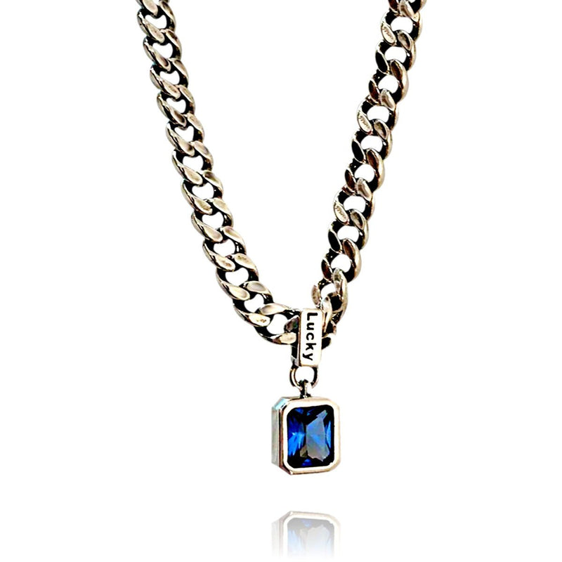 New 925 Sterling Silver Exquisite Blue Square Zirconia Necklace, Platinum - OurCoordinates