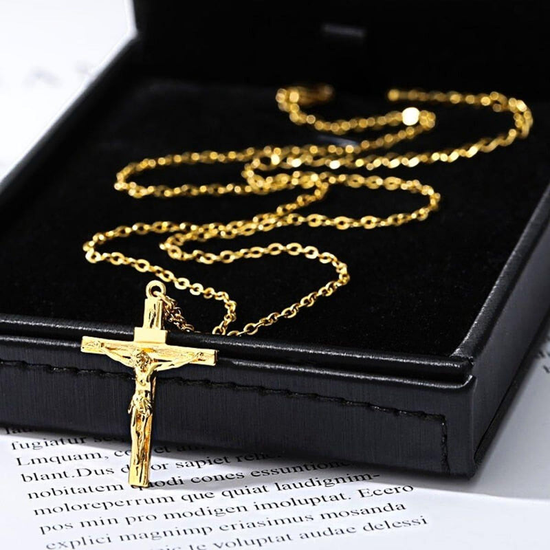 Solid Gold Jesus Cross Necklace, Gold - OurCoordinates