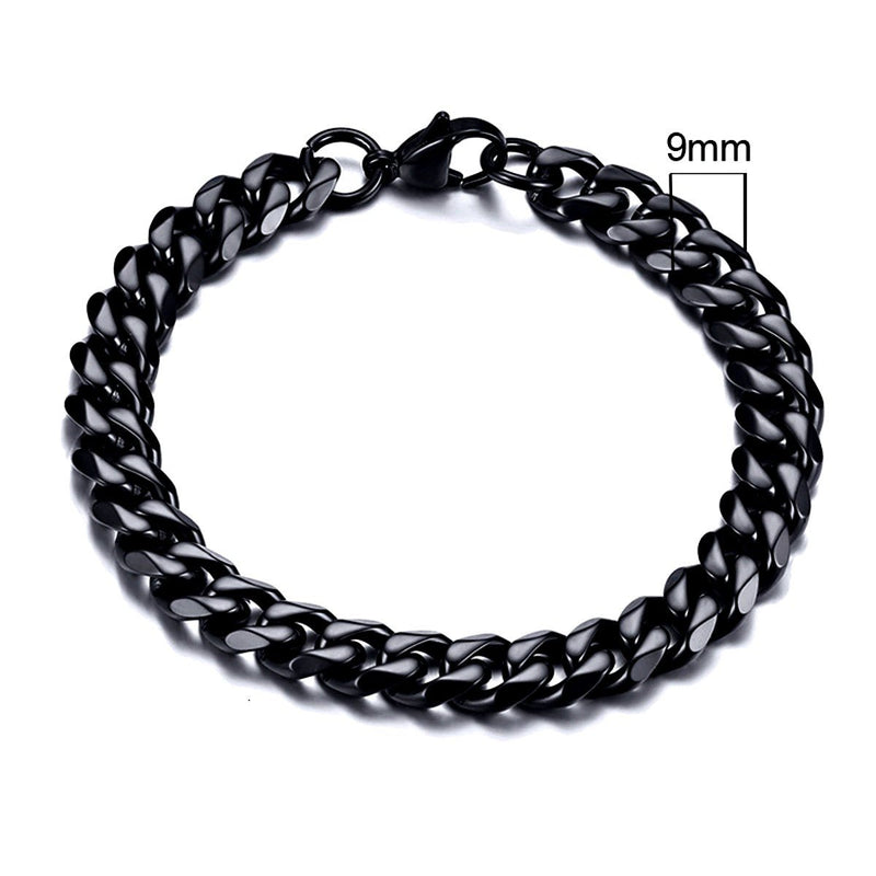Stainless Steel Cuban Link Chain Bracelet For Men, 9mm Black - OurCoordinates