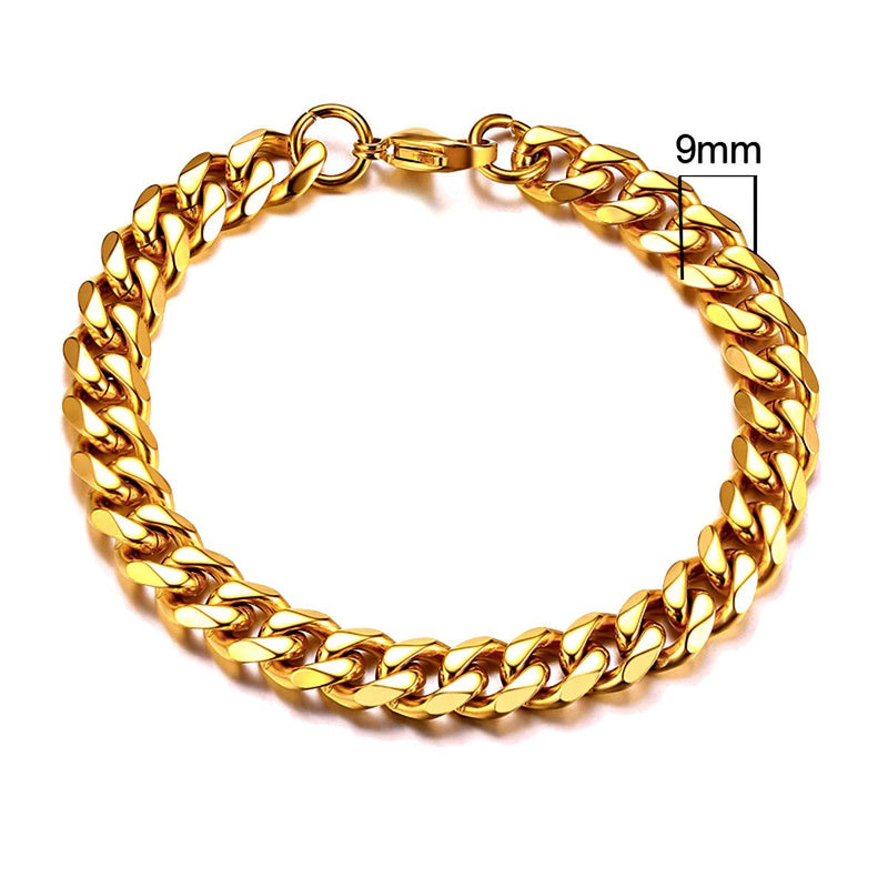 Stainless Steel Cuban Link Chain Bracelet For Men, 9mm Gold - OurCoordinates