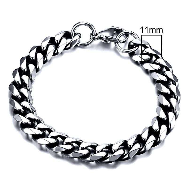 Stainless Steel Cuban Link Chain Bracelet For Men, 11mm Vintage Silver - OurCoordinates