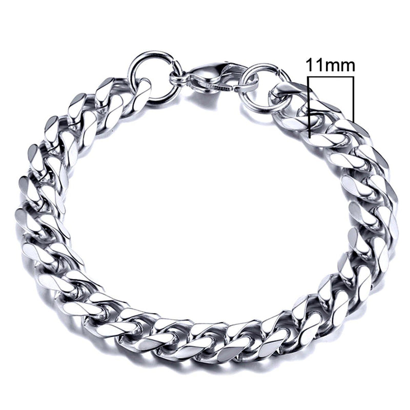 Stainless Steel Cuban Link Chain Bracelet For Men, 11mmSilver - OurCoordinates