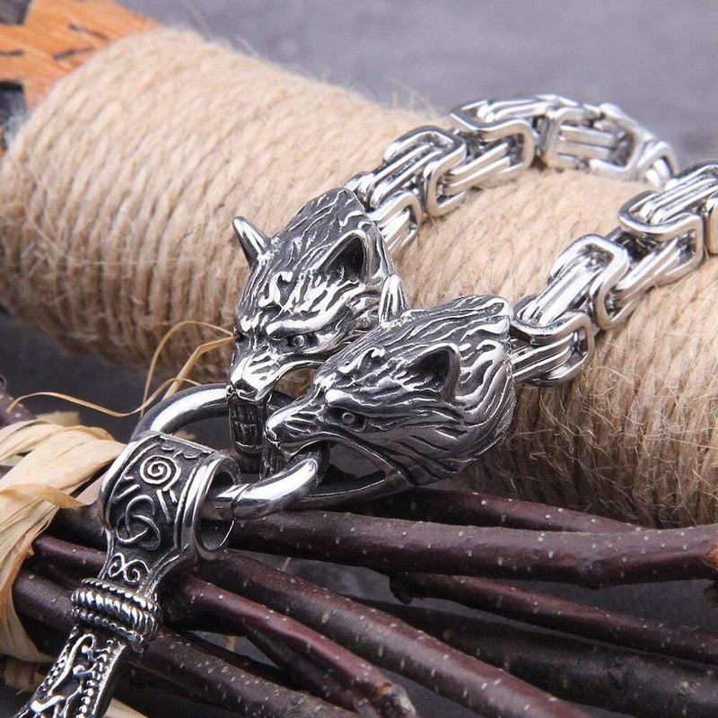 Stainless Steel Wolf Head Mjolnir Viking Necklace with Wooden Box, - OurCoordinates