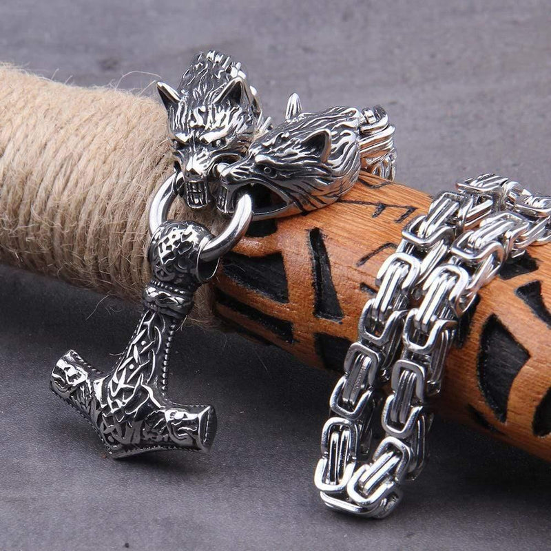 Stainless Steel Wolf Head Mjolnir Viking Necklace with Wooden Box, - OurCoordinates