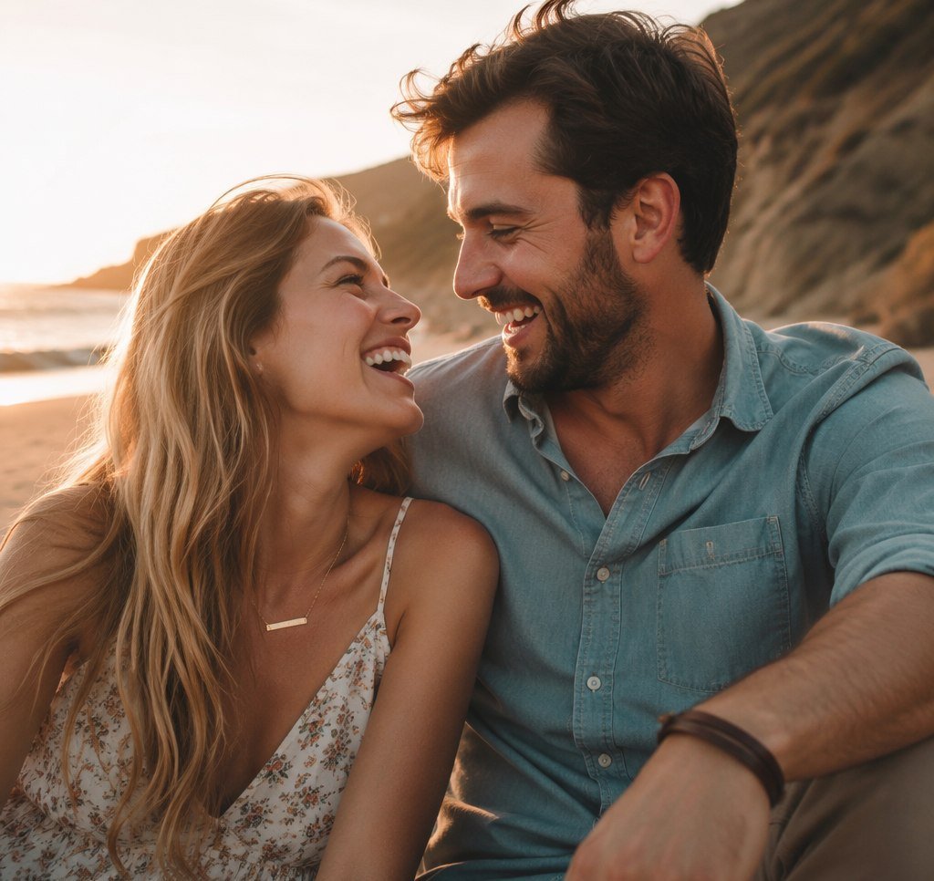 Couple sharing a happy moment beside the coast, with a personalized necklace visible