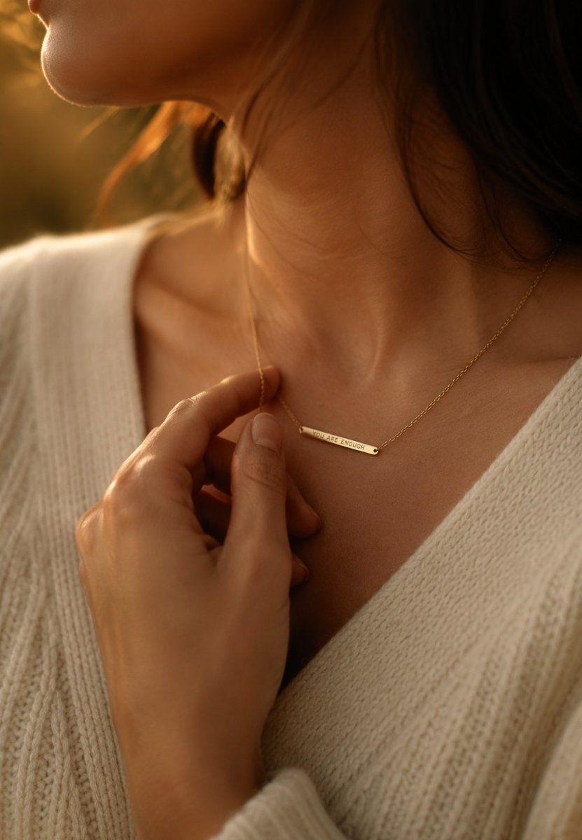 Woman holding a personalized gold bar necklace in warm evening light