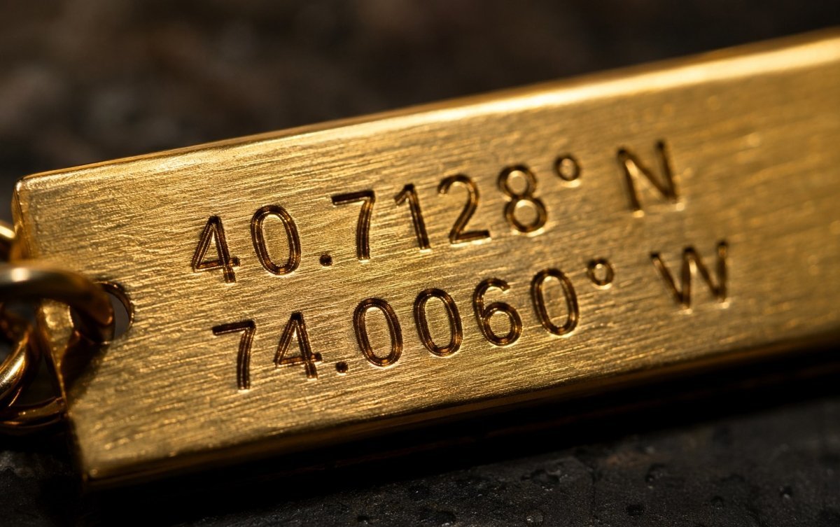 Close view of latitude and longitude engraved into a gold pendant